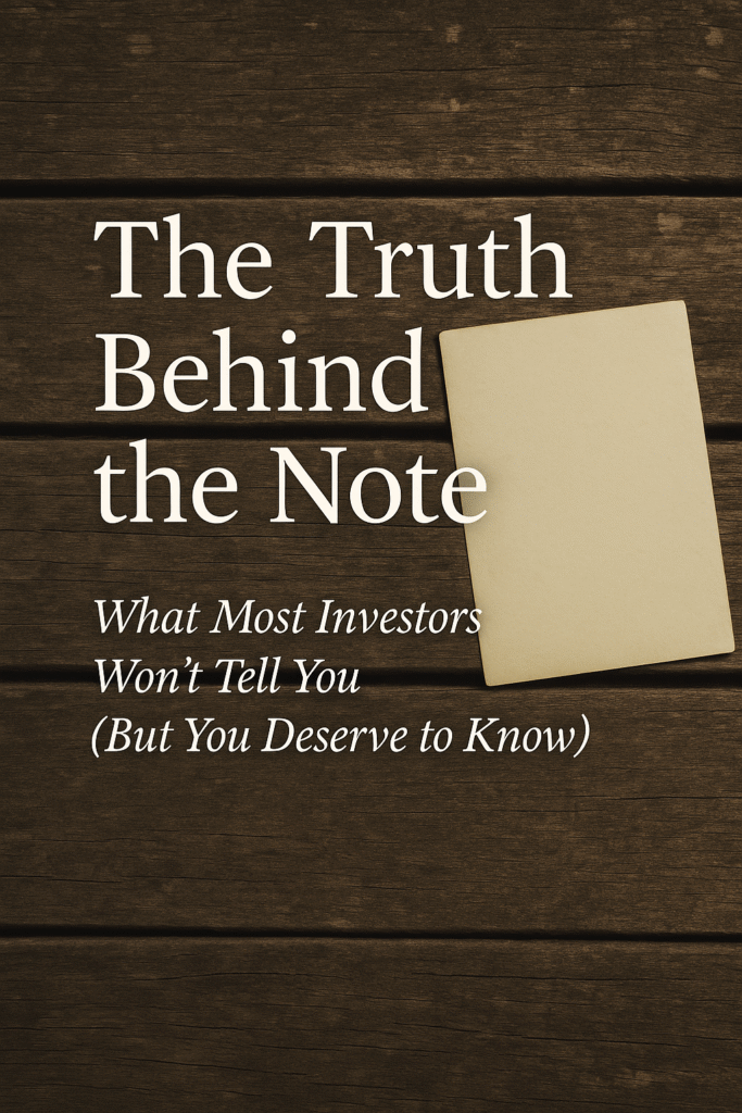 Book-style cover titled 'The Truth Behind the Note' with a rustic background, symbolizing honesty, emotional stories, and guidance in selling real estate notes.