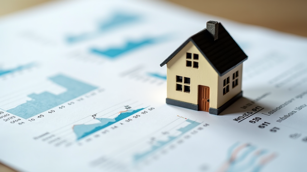 A close-up of a small house figurine resting on top of several financial documents with numbers and charts, representing the market value of real estate notes.