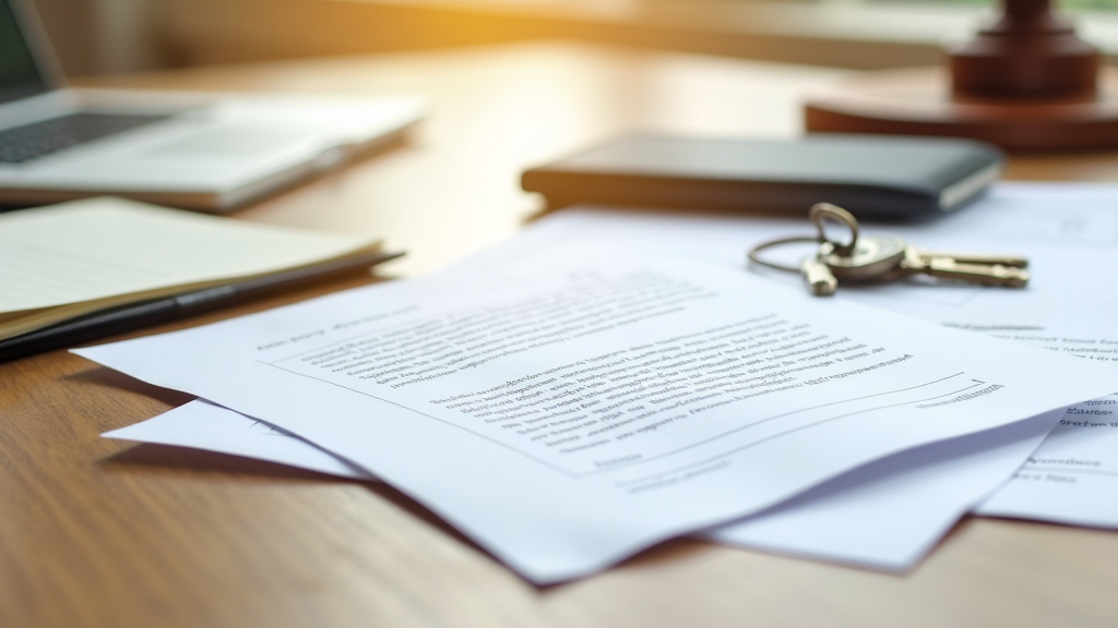 Close-up of a stack of documents and a house key resting on a wooden table. Several pages show typed legal text indicating a real estate transaction or mortgage note.
