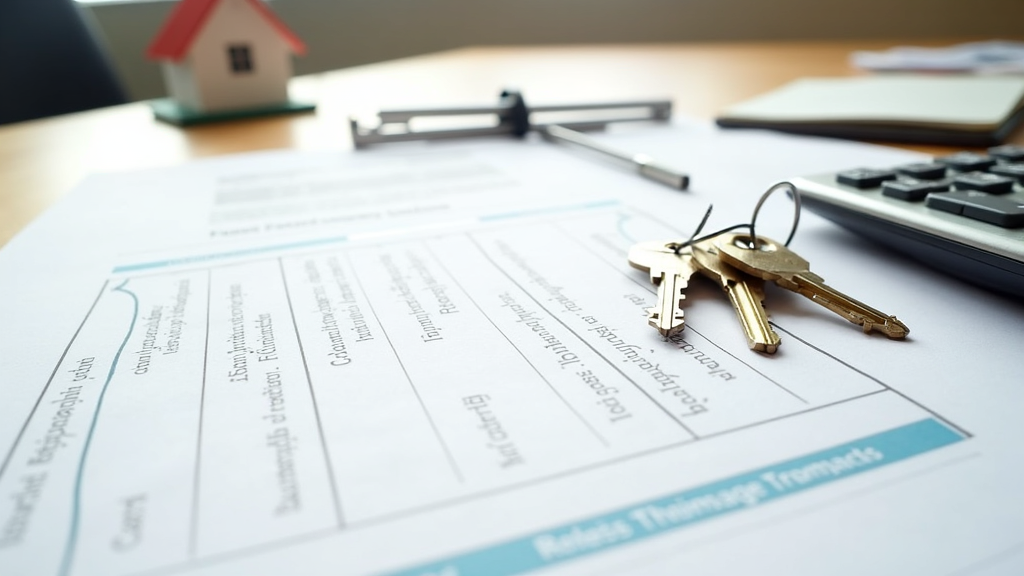 Stacks of organized real estate note documents, calculator, and house keys on a wooden desk
