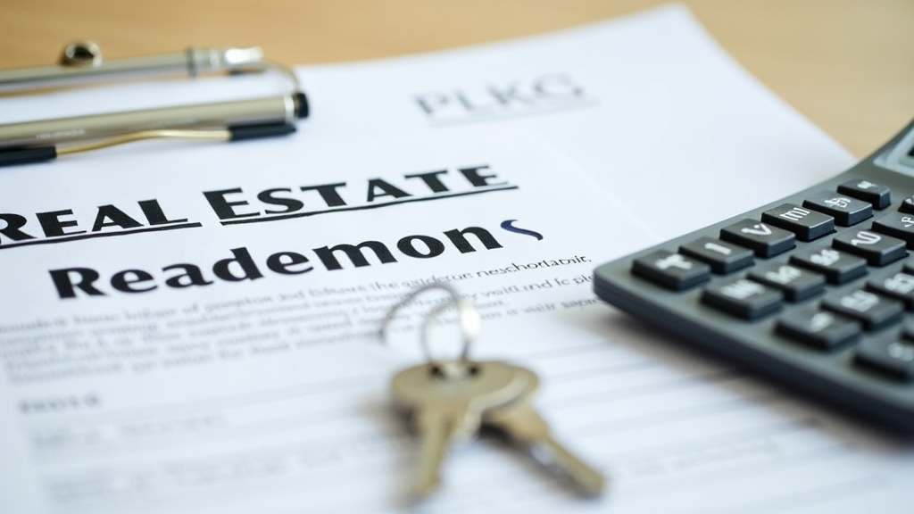 Stacks of real estate documents and a calculator on a desk next to a set of house keys